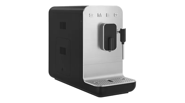 Three-quarter view of the automatic coffee machine showcasing the steam wand Three-quarter view of the automatic coffee machine showcasing the steam wand