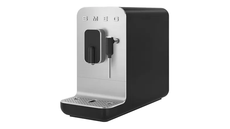 Angled right side view of the coffee machine in a sleek matte black colour Angled right side view of the coffee machine in a sleek matte black colour