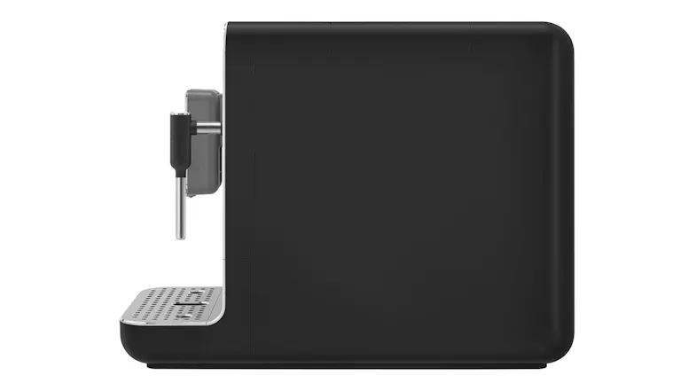 Left side view of the Smeg bean-to-cup coffee machine, highlighting the silver nozzle Left side view of the Smeg bean-to-cup coffee machine, highlighting the silver nozzle