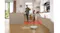A bright kitchen, highlighting the vacuum, steering away from a red zone A bright kitchen, highlighting the vacuum, steering away from a red zone