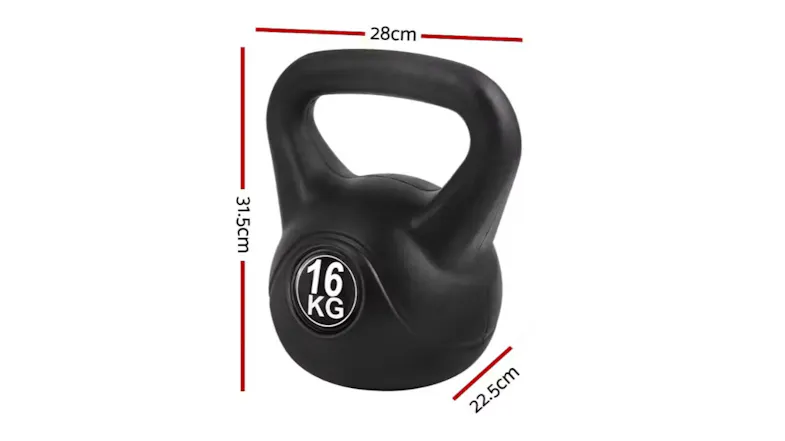 Everfit 16 kg kettlebell with red measurement lines showing dimensions 28 cm width, 31.5 cm height, and 22.5 cm depth Everfit 16 kg kettlebell with red measurement lines showing dimensions 28 cm width, 31.5 cm height, and 22.5 cm depth