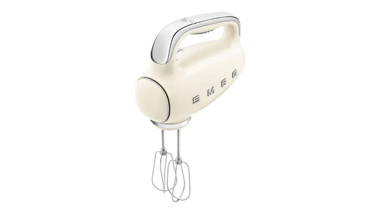 Perspective view of the Smeg hand mixer featuring dough hooks Perspective view of the Smeg hand mixer featuring dough hooks
