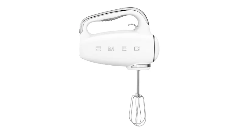 Profile view of a Smeg mixer with a wire whisk attachment Profile view of a Smeg mixer with a wire whisk attachment