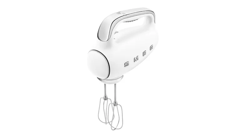 Perspective view of the Smeg hand mixer featuring dough hooks Perspective view of the Smeg hand mixer featuring dough hooks