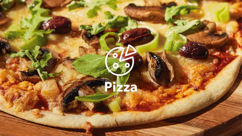 Close-up of a baked pizza featuring the pizza slice icon Close-up of a baked pizza featuring the pizza slice icon
