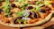 Close-up of a baked pizza featuring the pizza slice icon Close-up of a baked pizza featuring the pizza slice icon