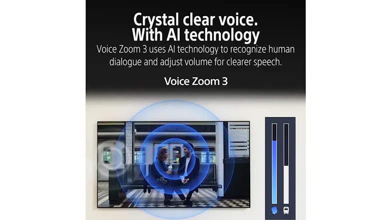 Graphic showcasing an AI voice feature with a dialogue volume bar Graphic showcasing an AI voice feature with a dialogue volume bar
