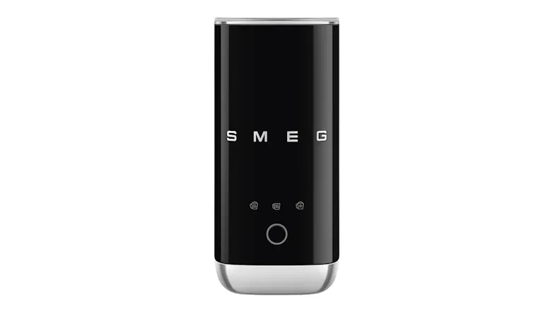 Front view of a glossy black Smeg mini milk frother with a slim cylindrical body and chrome base Front view of a glossy black Smeg mini milk frother with a slim cylindrical body and chrome base