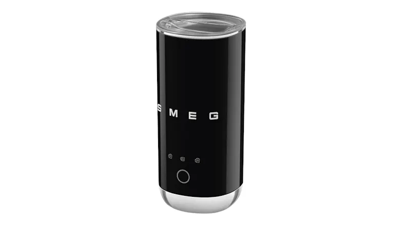 Three-quarter front view of the black mini frother showing the smooth body and chrome base Three-quarter front view of the black mini frother showing the smooth body and chrome base