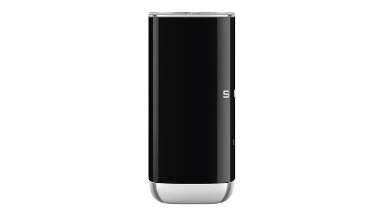 Rear view of the compact milk frother showing its smooth, black surface and rounded edges Rear view of the compact milk frother showing its smooth, black surface and rounded edges