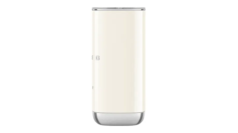 Side profile of the cream milk frother showing a clean, handle-free cylindrical design with a polished metallic base Side profile of the cream milk frother showing a clean, handle-free cylindrical design with a polished metallic base