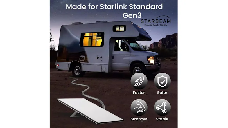 An RV parked at night with a Starlink dish connected by an armoured cable; text highlights faster, safer, stronger, and more stable use An RV parked at night with a Starlink dish connected by an armoured cable; text highlights faster, safer, stronger, and more stable use
