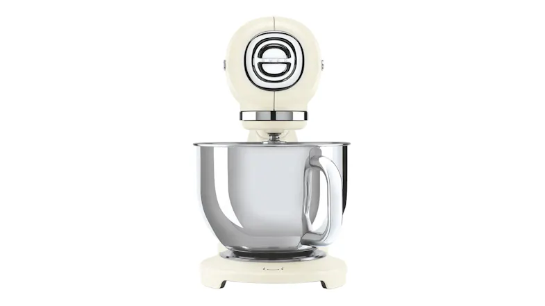 Front view of the Smeg stand mixer, highlighting the circular head design and chrome trim Front view of the Smeg stand mixer, highlighting the circular head design and chrome trim