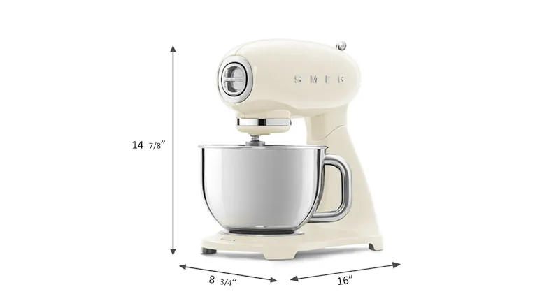 Side view of the cream Smeg stand mixer with stainless steel bowl attached, shown with dimensions Side view of the cream Smeg stand mixer with stainless steel bowl attached, shown with dimensions