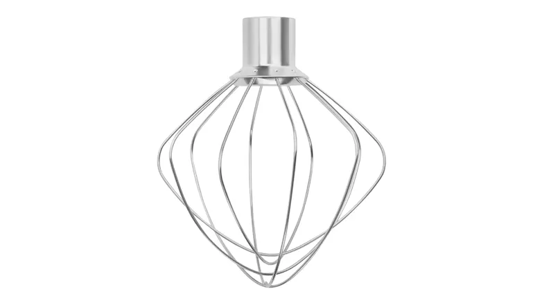 Close-up of a metal wire whisk attachment with multiple thin loops forming a balloon shape Close-up of a metal wire whisk attachment with multiple thin loops forming a balloon shape