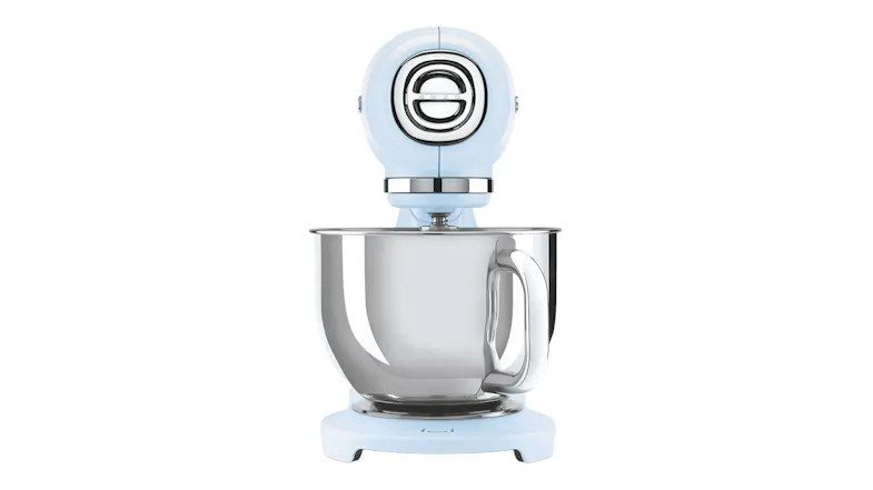 Front view of the Smeg stand mixer, highlighting the circular head design and chrome trim Front view of the Smeg stand mixer, highlighting the circular head design and chrome trim