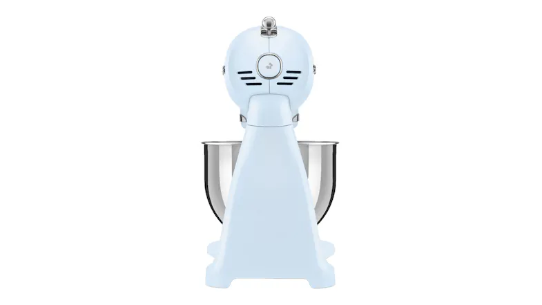 Rear view of the glossy pastel blue Smeg 50’s Style stand mixer showing the rounded back of the motor head Rear view of the glossy pastel blue Smeg 50’s Style stand mixer showing the rounded back of the motor head