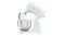 Side view of the glossy pastel green Smeg stand mixer with tilt head raised and flat beater attachment Side view of the glossy pastel green Smeg stand mixer with tilt head raised and flat beater attachment