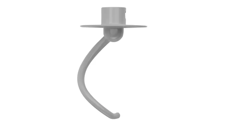 Close-up of a dough hook attachment in a smooth grey finish, shaped in a curved spiral Close-up of a dough hook attachment in a smooth grey finish, shaped in a curved spiral