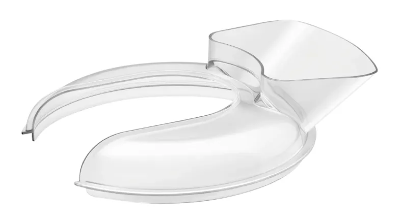 Transparent plastic pouring shield with a wide chute opening, designed to fit over the mixing bowl Transparent plastic pouring shield with a wide chute opening, designed to fit over the mixing bowl