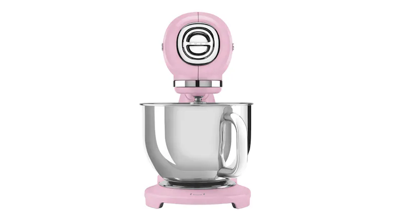 Front view of the Smeg stand mixer, highlighting the circular head design and chrome trim Front view of the Smeg stand mixer, highlighting the circular head design and chrome trim
