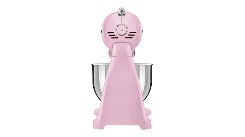 Rear view of the glossy pink Smeg 50’s Style stand mixer showing the rounded back of the motor head Rear view of the glossy pink Smeg 50’s Style stand mixer showing the rounded back of the motor head