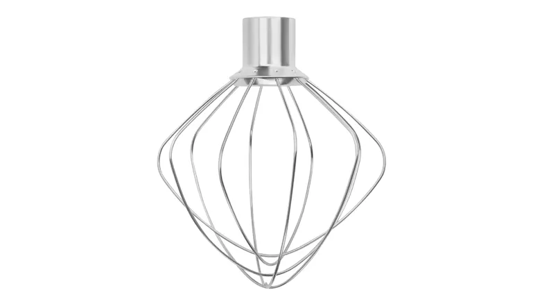 Close-up of a metal wire whisk attachment with multiple thin loops forming a balloon shape Close-up of a metal wire whisk attachment with multiple thin loops forming a balloon shape