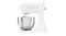 Side view of the glossy white Smeg 4.8L stand mixer with a stainless steel bowl attached Side view of the glossy white Smeg 4.8L stand mixer with a stainless steel bowl attached
