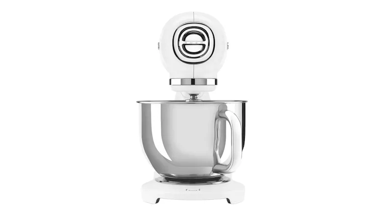 Front view of the Smeg stand mixer, highlighting the circular head design and chrome trim Front view of the Smeg stand mixer, highlighting the circular head design and chrome trim