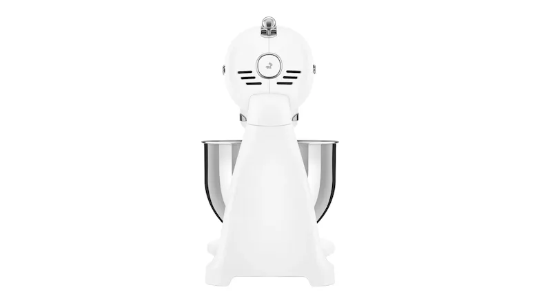 Rear view of the glossy white Smeg 50’s Style stand mixer showing the rounded back of the motor head Rear view of the glossy white Smeg 50’s Style stand mixer showing the rounded back of the motor head