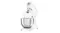 Angled side view of the Smeg stand mixer with tilt head raised and whisk attachment over the stainless steel bowl Angled side view of the Smeg stand mixer with tilt head raised and whisk attachment over the stainless steel bowl