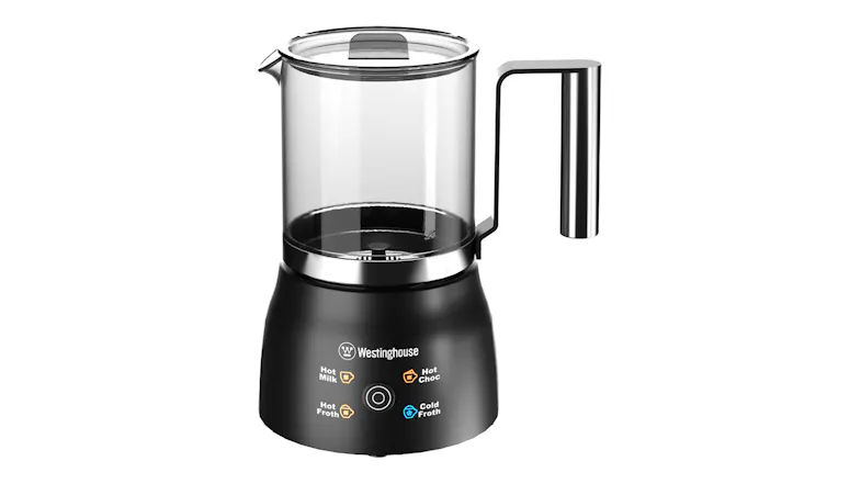 Westinghouse 300ml Automatic Glass Milk Frother in a sleek black and stainless steel colour Westinghouse 300ml Automatic Glass Milk Frother in a sleek black and stainless steel colour