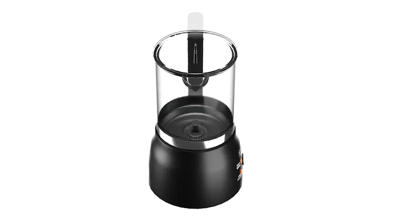 High-angle perspective showcasing a glass milk frother from the front High-angle perspective showcasing a glass milk frother from the front