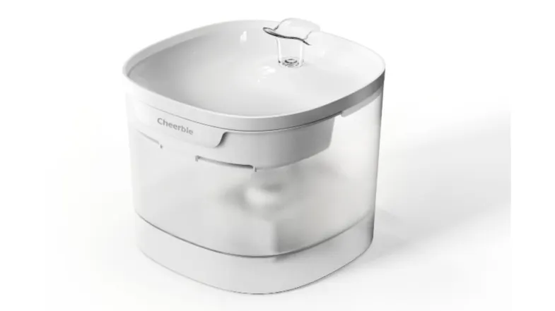 Cheerble E1 Lite cat water fountain with modern white design, transparent tank, and gentle flowing water spout on top Cheerble E1 Lite cat water fountain with modern white design, transparent tank, and gentle flowing water spout on top
