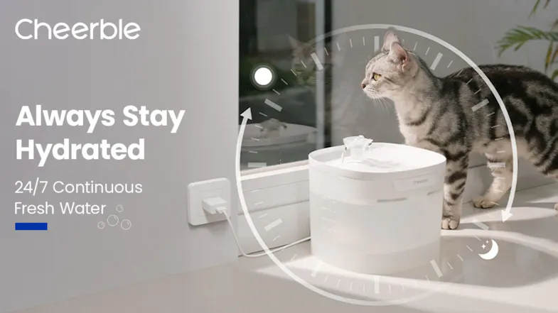 A cat beside the Cheerble pet fountain on the windowsill with a 24/7 fresh water feature graphic promoting a continuous hydration system A cat beside the Cheerble pet fountain on the windowsill with a 24/7 fresh water feature graphic promoting a continuous hydration system