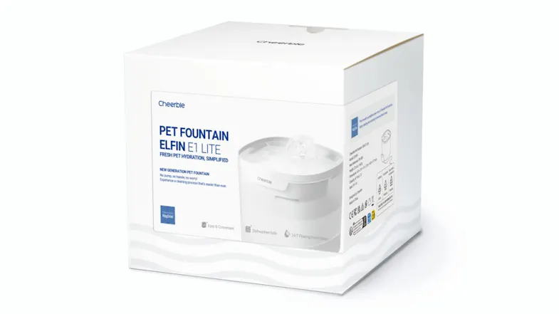 Packaging of Cheerble Pet Fountain E1 Lite showing product image, features, and a clean white box design with branding details Packaging of Cheerble Pet Fountain E1 Lite showing product image, features, and a clean white box design with branding details