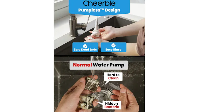 Cheerble pumpless pet fountain cleaning comparison showing easy rinse design versus traditional pump with buildup and residue Cheerble pumpless pet fountain cleaning comparison showing easy rinse design versus traditional pump with buildup and residue