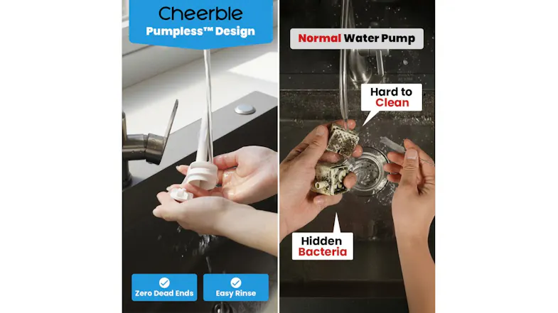 A white pumpless pet fountain cleaning comparison showing an easy rinse design versus a traditional pump with dirt buildup A white pumpless pet fountain cleaning comparison showing an easy rinse design versus a traditional pump with dirt buildup