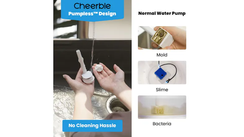 Comparison image of Cheerble pumpless system versus standard water pump showing mould, slime, and bacteria accumulation visuals Comparison image of Cheerble pumpless system versus standard water pump showing mould, slime, and bacteria accumulation visuals