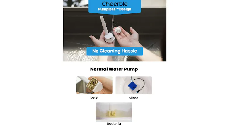 Close-up of Cheerble E1 Lite parts being rinsed under running water, highlighting easy cleaning and pumpless design benefits Close-up of Cheerble E1 Lite parts being rinsed under running water, highlighting easy cleaning and pumpless design benefits