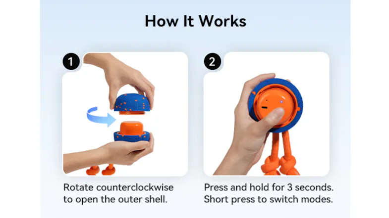 A blue-and-orange textured device shown in two halves, with a charging cable plugged into the orange core A blue-and-orange textured device shown in two halves, with a charging cable plugged into the orange core
