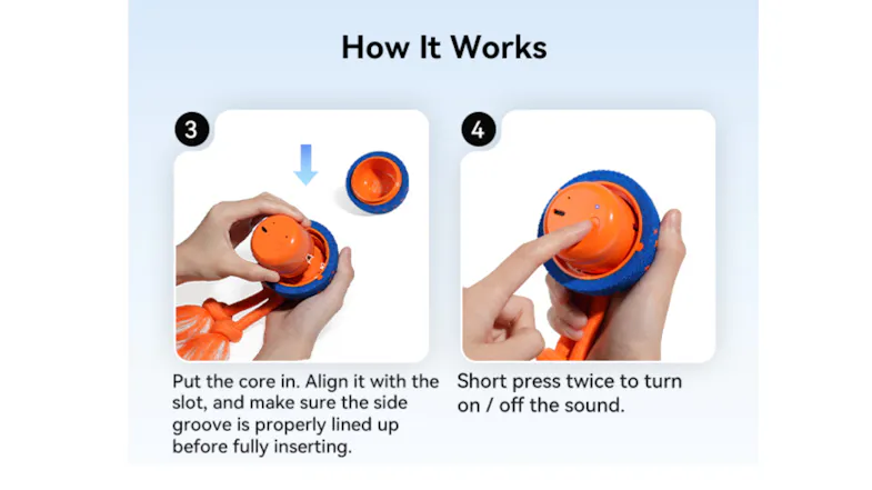 An instructional graphic showing how to insert the orange core and press a button twice to toggle the sound on or off An instructional graphic showing how to insert the orange core and press a button twice to toggle the sound on or off