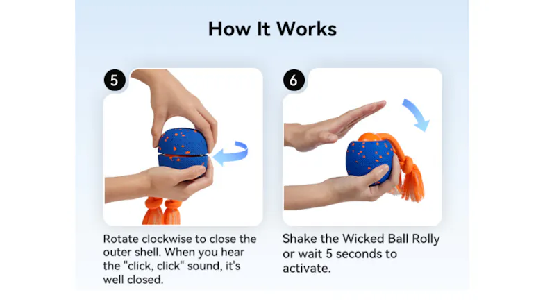 Hands rotating a blue Cheerble ball toy clockwise to close it; an arrow indicates the motion, with text describing the “click, click” closure Hands rotating a blue Cheerble ball toy clockwise to close it; an arrow indicates the motion, with text describing the “click, click” closure