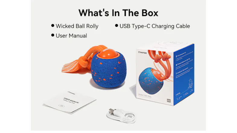 A product layout showing the Wicked Ball Rolly toy, USB‑C cable, user manual, and packaging box under the heading “What’s in the Box” A product layout showing the Wicked Ball Rolly toy, USB‑C cable, user manual, and packaging box under the heading “What’s in the Box”
