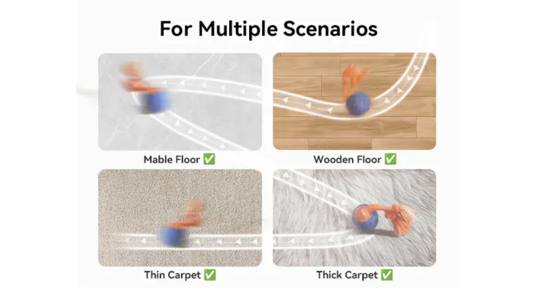 The toy rolling on different surfaces—tile, wood, thin carpet, and thick carpet—illustrates its use in multiple scenarios The toy rolling on different surfaces—tile, wood, thin carpet, and thick carpet—illustrates its use in multiple scenarios