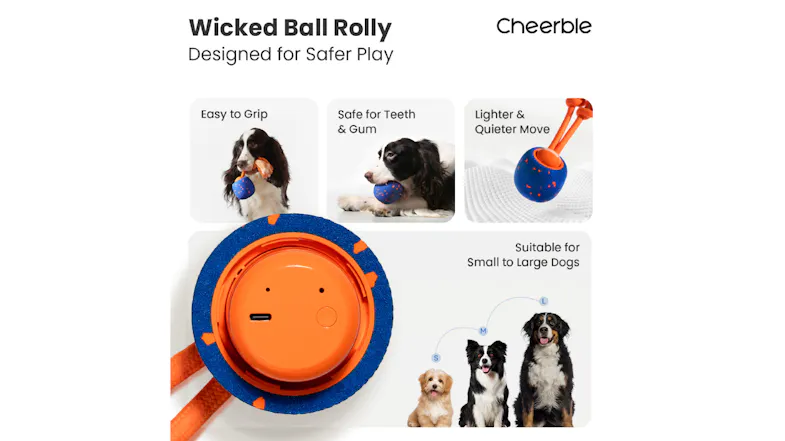 A dog toy feature collage, highlighting grip, safety, quiet motion, and sizes for small to large dogs A dog toy feature collage, highlighting grip, safety, quiet motion, and sizes for small to large dogs