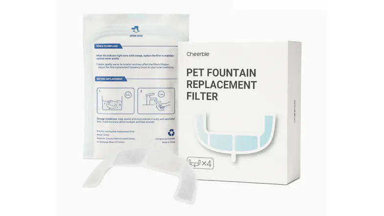 A side-by-side angled view of the Cheerble Pet Fountain Replacement Filters and their packaging A side-by-side angled view of the Cheerble Pet Fountain Replacement Filters and their packaging