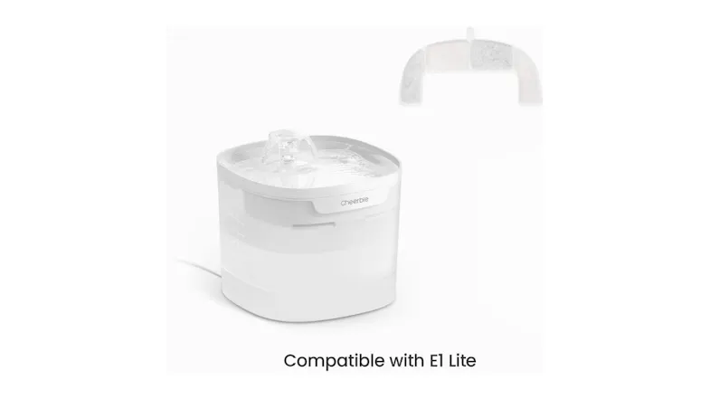 Cheerble E1 Lite pet fountain with replacement filter shown above, highlighting compatibility and clean water filtration setup Cheerble E1 Lite pet fountain with replacement filter shown above, highlighting compatibility and clean water filtration setup