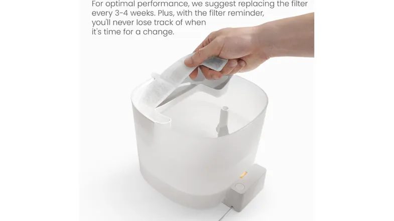 Hand placing replacement filter into Cheerble pet fountain with text reads “Filter changes every 3 to 4 weeks for best results” Hand placing replacement filter into Cheerble pet fountain with text reads “Filter changes every 3 to 4 weeks for best results”
