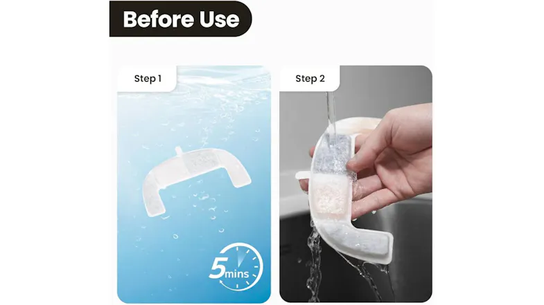 Replacement filter prep steps showing soaking in water for 5 minutes and rinsing under tap before installing into the pet fountain Replacement filter prep steps showing soaking in water for 5 minutes and rinsing under tap before installing into the pet fountain
